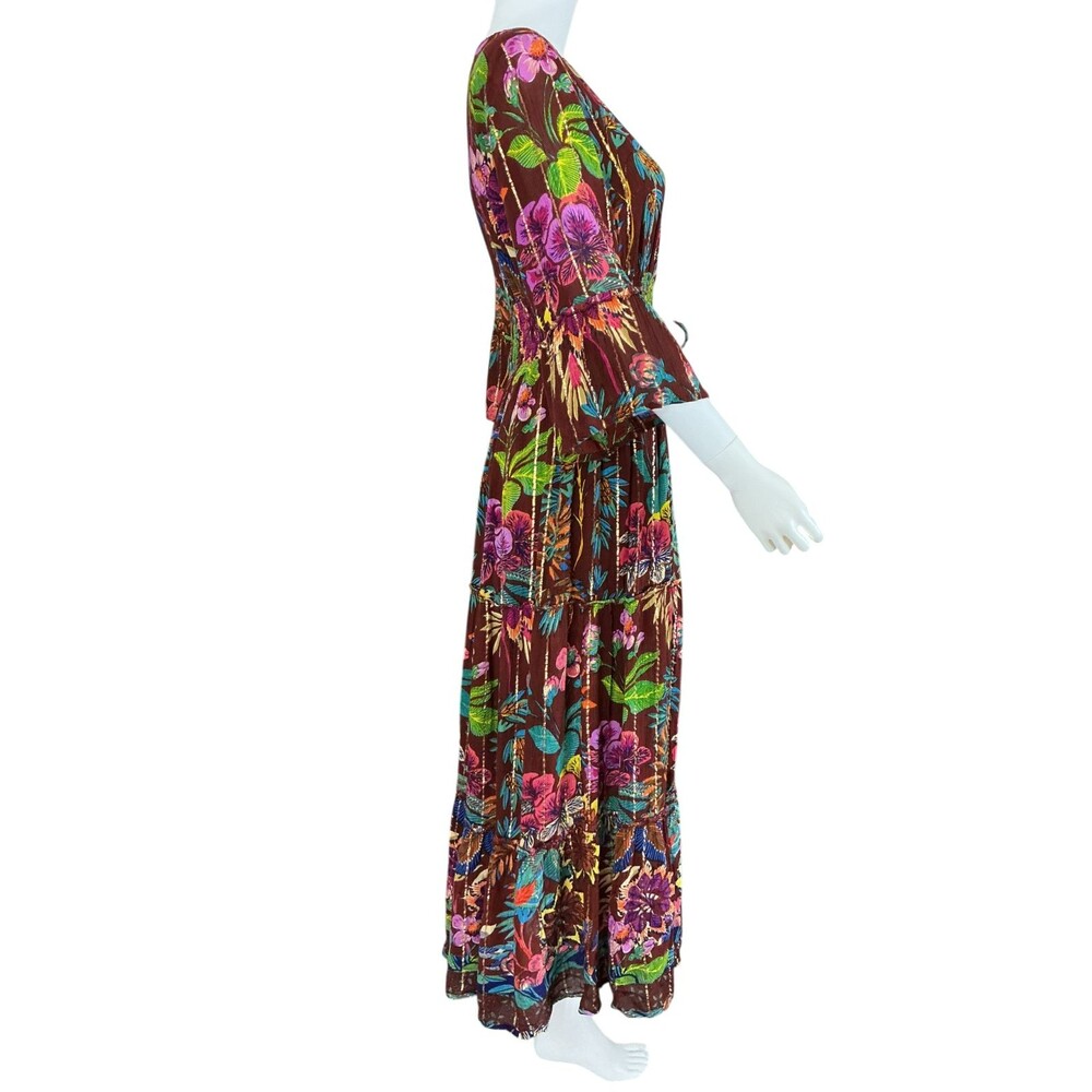 Me 2 Magic Anthropologie Maxi Dress S Floral Gold Stripe Fairy Whimsigoth  BOHO - Picture 8 of 14